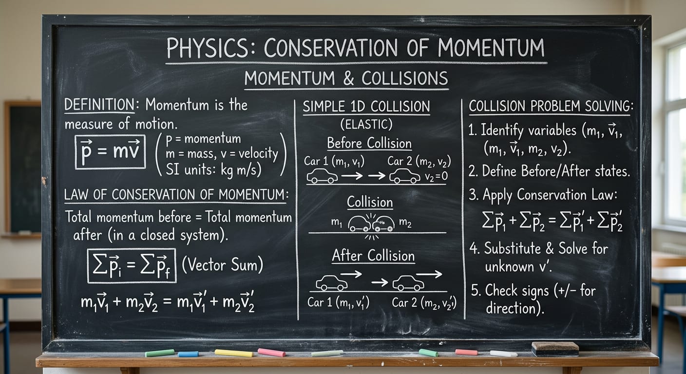 Momentum conservation classroom blackboard generated with Nano Banana 2 in Pixno