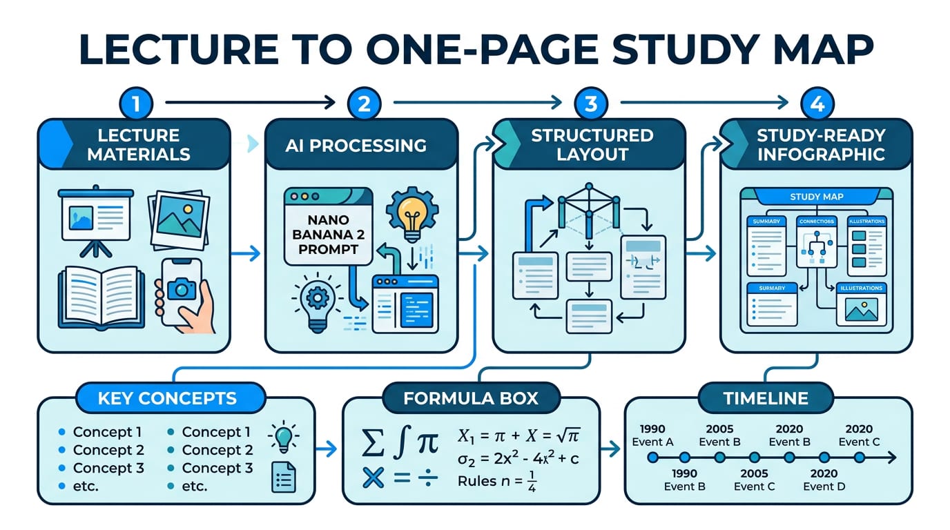 Lecture to one-page study map infographic generated with Nano Banana 2 in Pixno