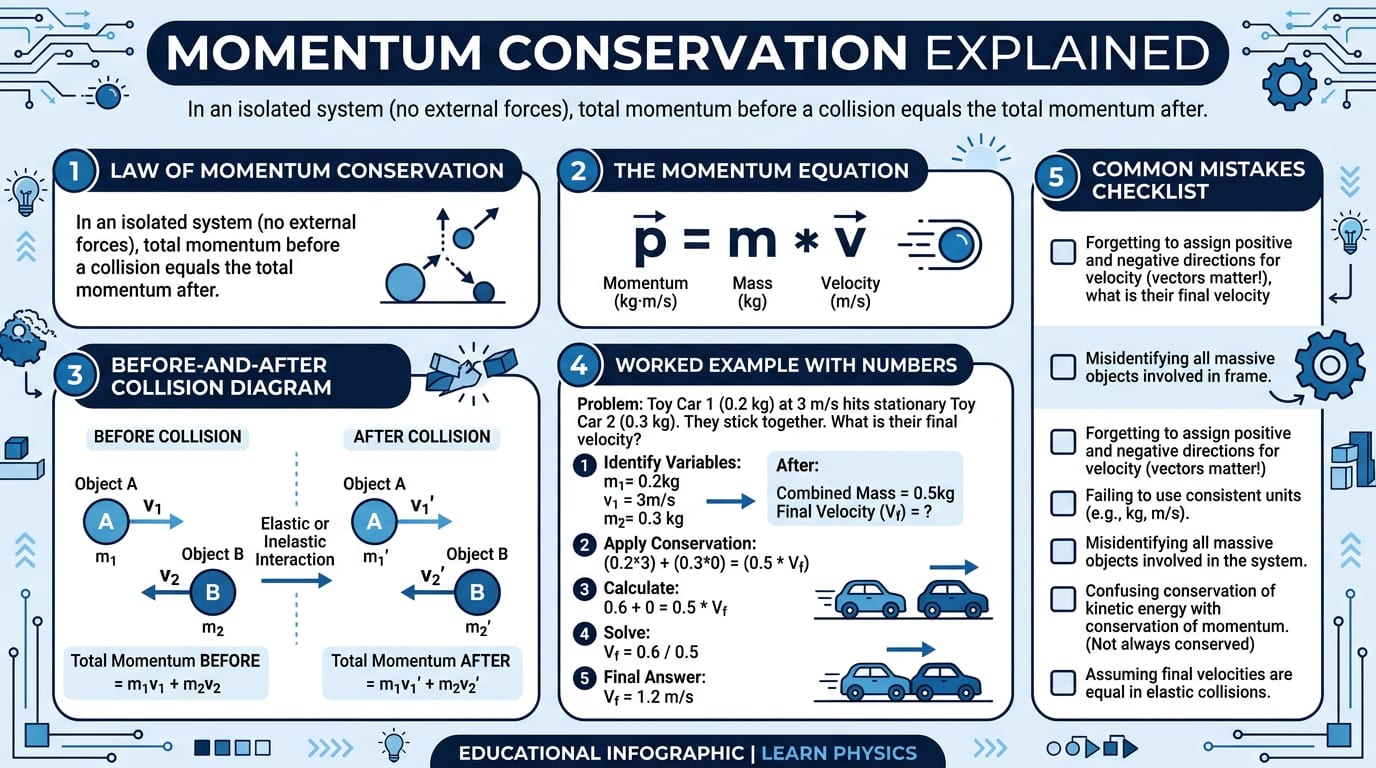 Momentum conservation explanation infographic generated with Nano Banana 2 in Pixno